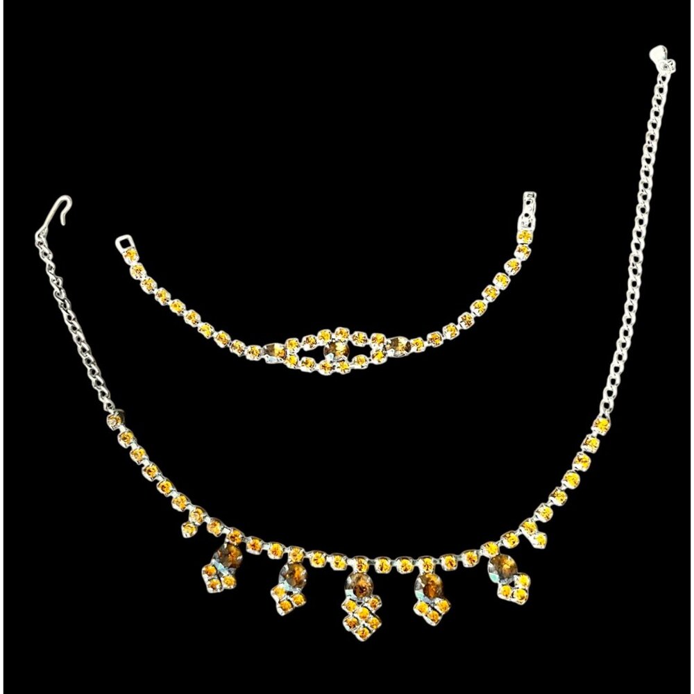 Silver & Yellow and amber colored Rhinestone 16” Necklace & Bracelet Set Adjusta - Picture 2 of 15